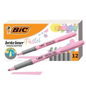 bic brite liner grip pastel highlighter set, chisel tip, 12-count pack of assorted colors, cute highlighters for bullet journal exercises, note taking and more
