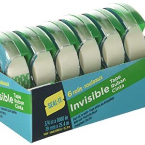 Seal-It Invisible Stationery Tape 3/4 x 1000 Inches On Press N' Cut Dispenser, Pack of 6 Total 6000 Inches, White (62452)