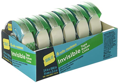 Seal-It Invisible Stationery Tape 3/4 x 1000 Inches On Press N' Cut Dispenser, Pack of 6 Total 6000 Inches, White (62452)