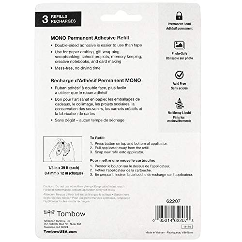 Tombow 62207 MONO Permanent Adhesive Refills, 3-Pack. Easy to Use Refills for a Strong, Instant Bond