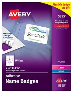 avery flexible name tag stickers, white rectangle labels, 400 removable name badges, 2-1/3″ x 3-3/8″ (5395)