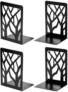 maxgear book ends tree design modern bookends for shelves, non-skid bookend, heavy duty metal book stopper for books/cds, decorative book shelf for home, 7 x 4.7 x 3.5”, black (2 pair/4 pieces, large)