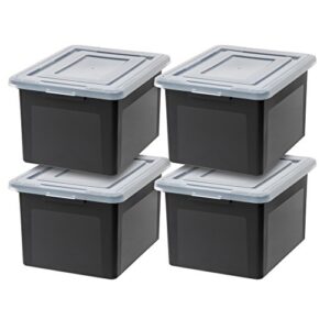 iris usa letter & legal size plastic storage bin tote organizing file box with durable and secure latching lid, stackable and nestable, 4 pack, black