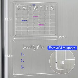 YeWink Magnetic Dry Erase Calendar Board for Fridge, 16”x12" Clear 2 Set Acrylic Calendar Planner Board for Refrigerator, Reusable Calendar Whiteboard Includes 6 Markers 3 Colors