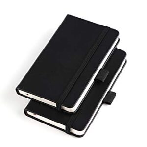 Vanpad (2 Pack) Pocket Notebook Small Hardcover Note Book 3" x 5.5", Mini Ruled Lined Journal, Leather Cover, with Pen Holder, Page Marker Ribbons, Inner Pockets, Black