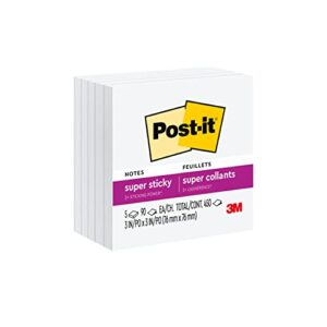 post-it super sticky notes, 3×3 in, 5 pads, 2x the sticking power, white, recyclable(654-5ssw)