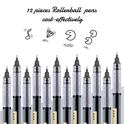 12 Pieces Rolling Ball Pens, Quick-Drying Ink 0.5 mm Extra Fine Point Pens Liquid Ink Pen Rollerball Pens (Black)