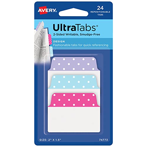 Avery Multiuse Ultra Tabs, 2" x 1.5", 2-Side Writable, Assorted Pastel Dots, 24 Repositionable Tabs (74773)