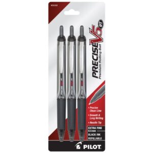 pilot precise v5 rt refillable & retractable liquid ink rolling ball pens, extra fine point (0.5mm) black ink, 3-pack (26052)