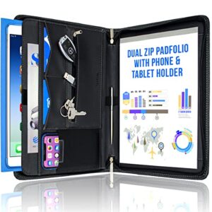 STYLIO Zippered Padfolio Portfolio Binder, Faux Leather Organizer. Interview Resume Document Holder. Organizer for iPad/Tablet (up to 10.5"), Phone & Business Cards. Data Case w/ Letter-Sized Notepad