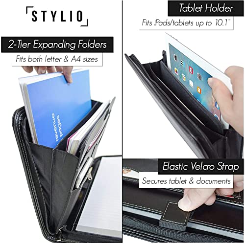 STYLIO Zippered Padfolio Portfolio Binder, Faux Leather Organizer. Interview Resume Document Holder. Organizer for iPad/Tablet (up to 10.5"), Phone & Business Cards. Data Case w/ Letter-Sized Notepad
