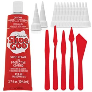 shoe goo repair adhesive for fixing worn shoes or boots, clear, 3.7 ounce (109.4ml), 10 snip tip applicator tips and pixiss spreader tools set.