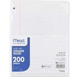 mead loose leaf paper, 3 hole punch reinforced filler paper, college ruled paper, 10-1/2″ x 8″, 200 sheets (15326) white
