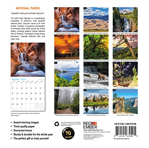 RED EMBER Untamed & Beautiful National Parks 2023 Hangable Monthly Wall Calendar | 12" x 24" Open | Thick & Sturdy Paper | Giftable | Wander Through Nature's Beauty