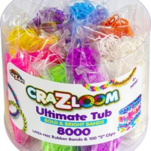 Cra Z Art Cra-Z-Loom Ultimate Tub 8000 Latex Free Rubber Bands and 100 “S” Clips for Making Crafts in Bold and Bright Colors, multi