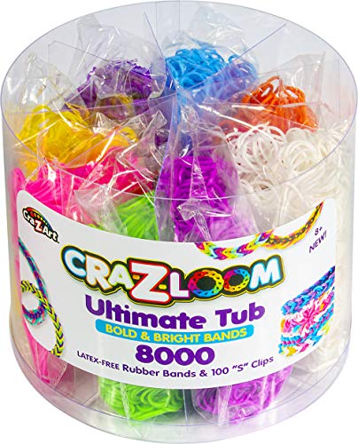 Cra Z Art Cra-Z-Loom Ultimate Tub 8000 Latex Free Rubber Bands and 100 “S” Clips for Making Crafts in Bold and Bright Colors, multi