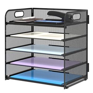 supeasy 5 trays paper organizer letter tray with handle-mesh desk file organizer,black paper sorter desk organizer for office,home or school