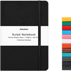huhuhero notebook journal, lined ruled journal, hardcover 120gsm premium thick paper with faux leather notebook for journaling writing note taking office school supplies 5.25″×8.25″(1,matte black)