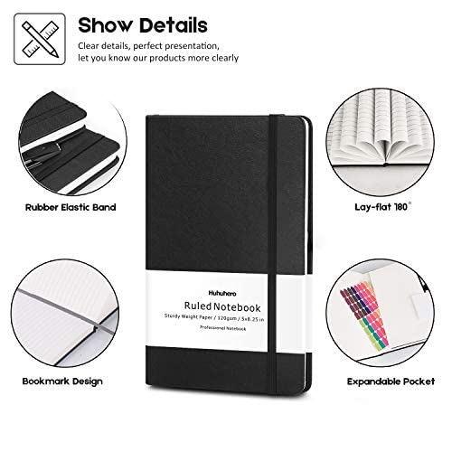 Huhuhero Notebook Journal, Lined Ruled Journal, Hardcover 120Gsm Premium Thick Paper with Faux Leather Notebook for Journaling Writing Note Taking Office School Supplies 5.25"×8.25"(1,Matte Black)