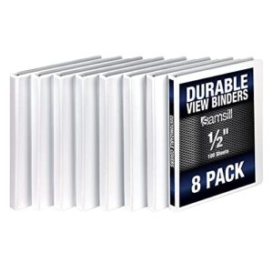 samsill durable .5 inch binder, made in the usa, round ring customizable clear view binder, white, 8 pack (s88417)