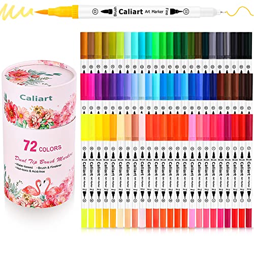 Caliart Markers for Adult Coloring, 72 Dual Tip Brush Pen Art Markers, Water Based Numbered (Fine & Brush Tip), Lettering Drawing Sketching Journaling Art Markers for Office School Teacher Supplies