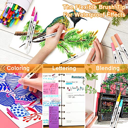 Caliart Markers for Adult Coloring, 72 Dual Tip Brush Pen Art Markers, Water Based Numbered (Fine & Brush Tip), Lettering Drawing Sketching Journaling Art Markers for Office School Teacher Supplies