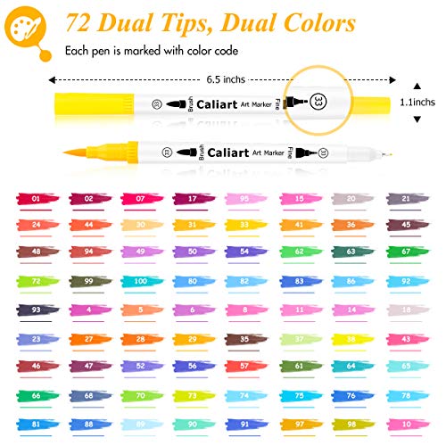 Caliart Markers for Adult Coloring, 72 Dual Tip Brush Pen Art Markers, Water Based Numbered (Fine & Brush Tip), Lettering Drawing Sketching Journaling Art Markers for Office School Teacher Supplies