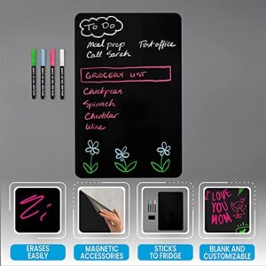 Magnetic Black Dry Erase Board for Fridge: with Bright Neon Chalk Markers - 12x8" - 4 Liquid Blackboard Markers with Magnet - Small Whiteboard Chalkboard for White Refrigerator