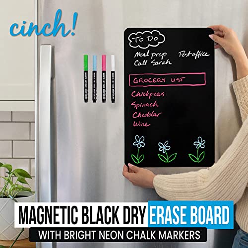 Magnetic Black Dry Erase Board for Fridge: with Bright Neon Chalk Markers - 12x8" - 4 Liquid Blackboard Markers with Magnet - Small Whiteboard Chalkboard for White Refrigerator