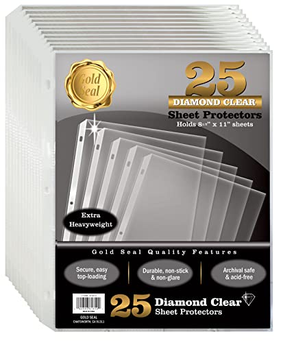 25 Count Diamond Clear Extra Heavyweight Sheet Protectors, 4 mils Strong, by Gold Seal, 8.5 x 11", Top Load, 25 Pack