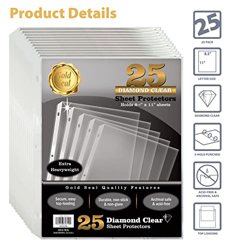 25 Count Diamond Clear Extra Heavyweight Sheet Protectors, 4 mils Strong, by Gold Seal, 8.5 x 11", Top Load, 25 Pack