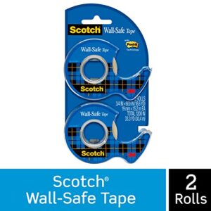 Scotch Wall-Safe Tape, 2 Dispensered Rolls, Sticks Securely, Removes Cleanly, Invisible, Designed for Displaying, Photo Safe, 3/4 in x 600 in (183-DM2)