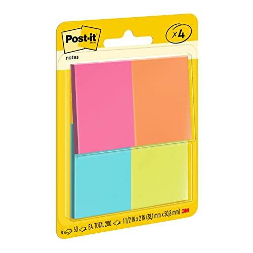 Post-it Mini Notes, 1.5x2 in, 4 Pads, America's #1 Favorite Sticky Notes, Cape Town Collection, Bright Colors (Magenta, Pink, Blue, Green), Clean Removal, Recyclable (653-8AF)