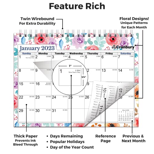 CRANBURY Small Desk Calendar 2023 - (8x6, Floral), Standing Desk Calendar with Gorgeous Flower Designs, Easel Calendar, Stand Up Calendar with Stickers