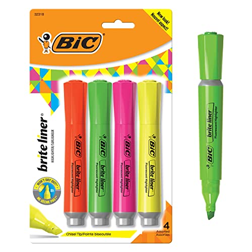 BIC Brite Liner Highlighter with Rubber Grip, Chisel Tip, Assorted, Pack of 4 - BLMGP41-A-AST