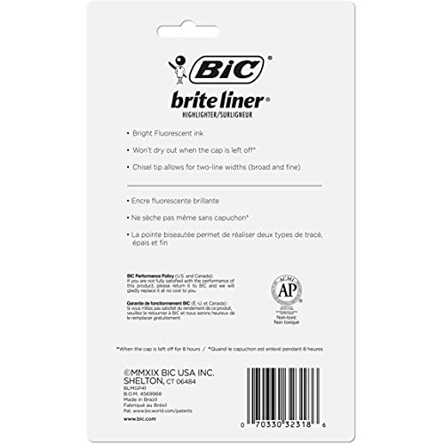 BIC Brite Liner Highlighter with Rubber Grip, Chisel Tip, Assorted, Pack of 4 - BLMGP41-A-AST