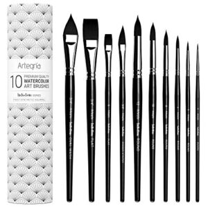 artegria watercolor brush set – 10 professional watercolor paint brushes for artists – soft synthetic squirrel hair, short handles – pointed rounds, flats, dagger, oval wash for water color, gouache