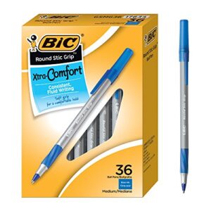 bic round stic grip xtra comfort blue ballpoint pens, medium point (1.2mm), 36-count pack, excellent writing pens with soft grip for superb comfort and control