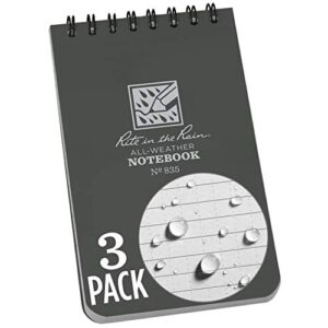 Rite in the Rain All-Weather Top-Spiral Notebook, 3" x 5", Gray Cover, Universal Pattern, 3 Pack (No. 835-3), Grey