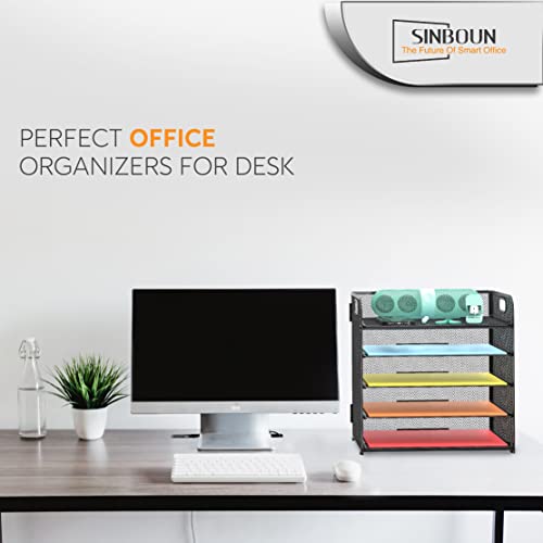 Sinboun Letter Tray Paper Organizer 5-Tier Mesh Desk File Organizer Paper Sorter Holder with Handle, Metal Desktop Document Shelf Tray for Letter/A4 Office Organization - Black