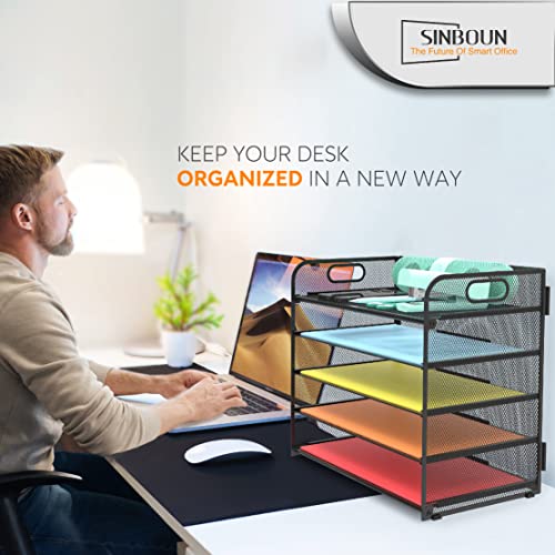 Sinboun Letter Tray Paper Organizer 5-Tier Mesh Desk File Organizer Paper Sorter Holder with Handle, Metal Desktop Document Shelf Tray for Letter/A4 Office Organization - Black