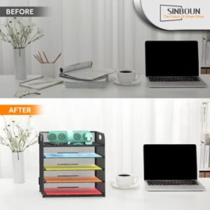 Sinboun Letter Tray Paper Organizer 5-Tier Mesh Desk File Organizer Paper Sorter Holder with Handle, Metal Desktop Document Shelf Tray for Letter/A4 Office Organization - Black