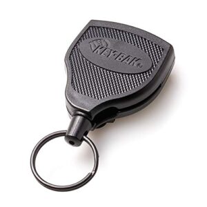 key-bak super48 hd 8oz. locking retractable keychain, 48″ stainless steel cable, black polycarbonate case, steel belt clip, oversized split ring