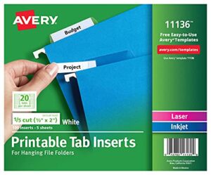 avery worksaver tab inserts, 2 inches, white, 100 inserts (11136)