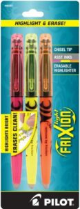 pilot frixion light erasable highlighters, chisel tip, assorted color inks, 3-pack (46507)