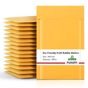 fuxury kraft bubble mailer 4×8 inch 50 pack，strong adhesion padded envelopes ,self seal bubble envelopes, waterproof cushioned bubble mailers packaging for small business，bulk #000 yellow