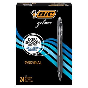bic gel-ocity original black gel pens, medium point (0.7mm), 24-count pack, retractable gel pens with comfortable grip