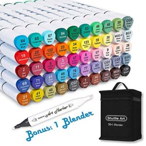shuttle art 51 colors dual tip alcohol based art markers, 50 colors plus 1 blender permanent marker pens highlighters with case perfect for illustration adult coloring sketching and card making