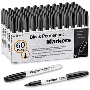 keebor advanced permanent markers fine tip, 60 pack black permanent marker set, waterproof – quick drying, office supplies