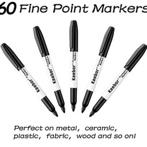 Keebor Advanced Permanent Markers Fine Tip, 60 Pack Black Permanent Marker Set, Waterproof - Quick Drying, Office Supplies